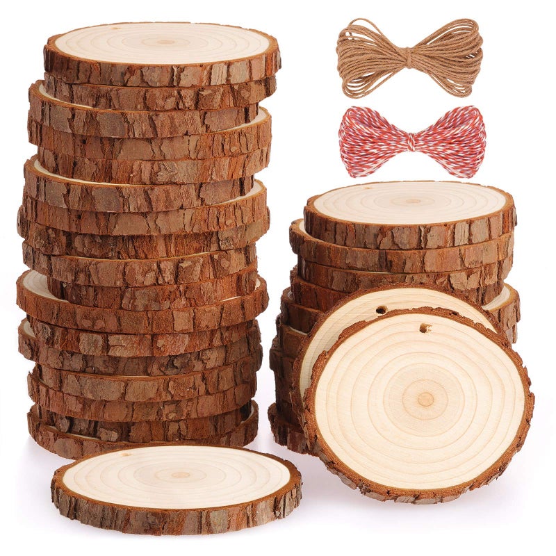 Fuyit Natural Wood Slices 30 Pcs 2.8-3.1 Inches Craft Wood Kit Unfinished Predrilled with Hole Wooden Circles Tree Slices for Arts and Crafts Christmas Ornaments DIY Crafts - Image 1